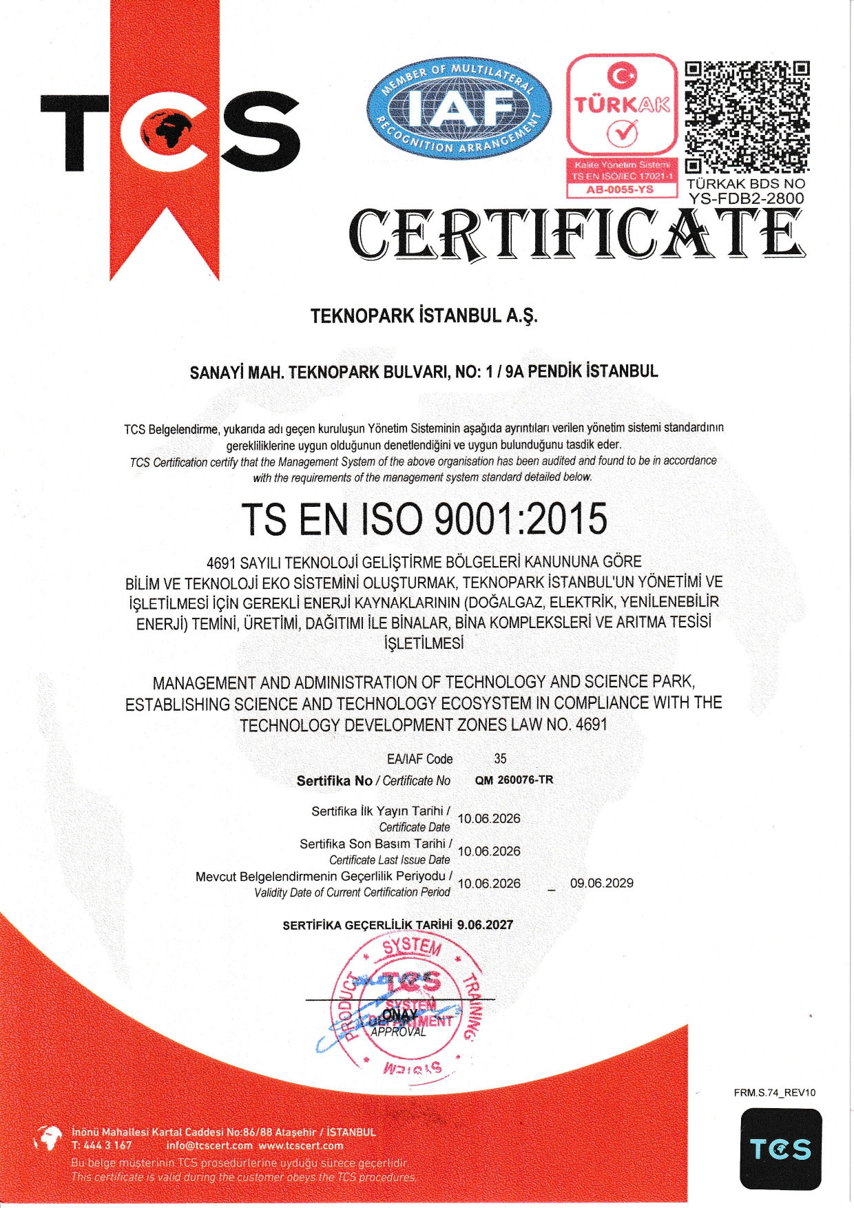ISO 9001:2015 Kalite Yönetim Sistemi Sertifikası